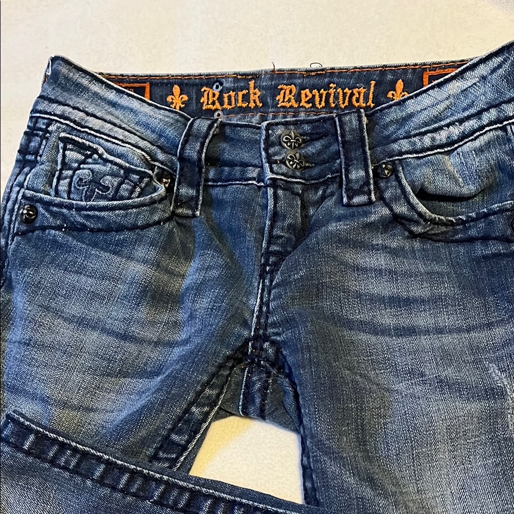 Rock Revival Blue Boot Cut Jeans with Classic Stitching